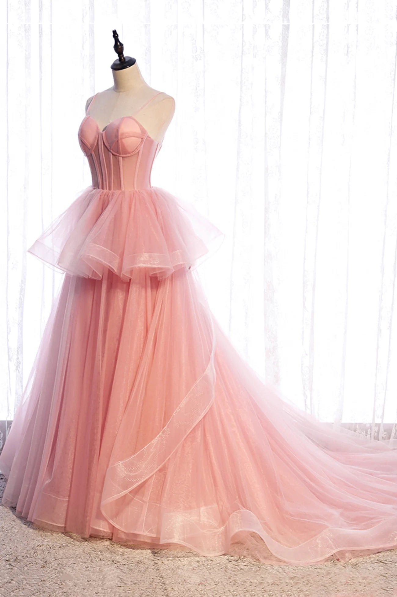 A-Line Pink Tulle Long Prom Dresses