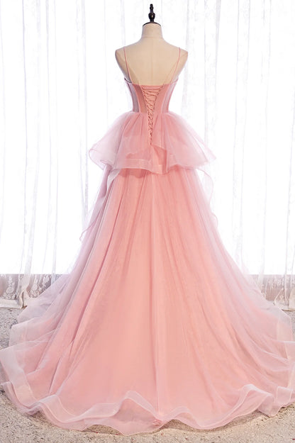 A-Line Pink Tulle Long Prom Dresses