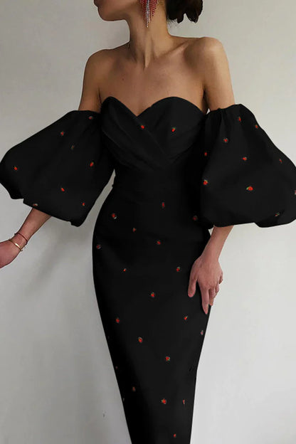 Backless Off shoulder Unique Puff Sleeves Sweetheart Neck Prom Dress