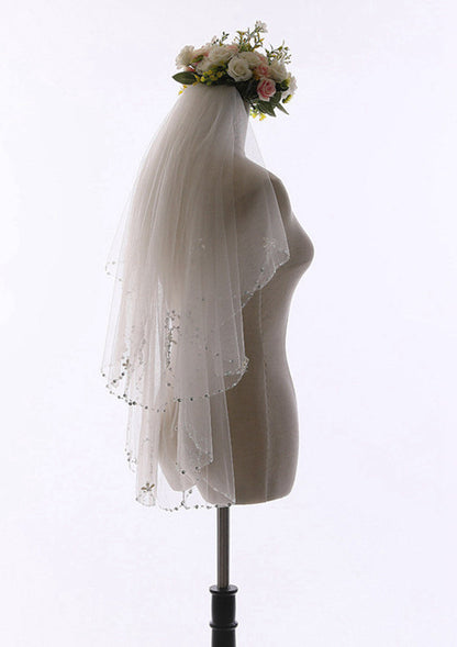 Tulle Two-tier Fingertip Bridal Veils With Bead String