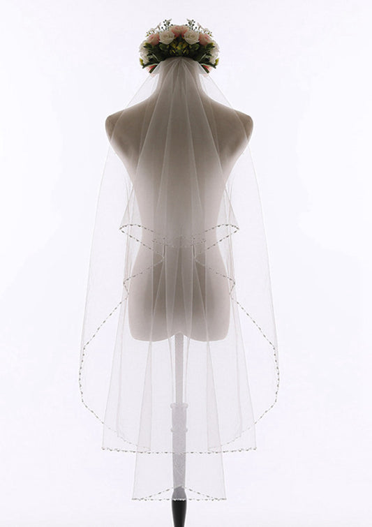 Bead String Tulle Two-tier Waltz Bridal Veils