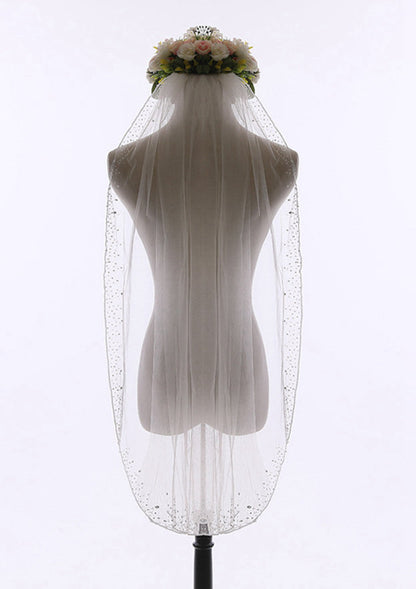 Bead String Tulle One-tier Fingertip Bridal Veils