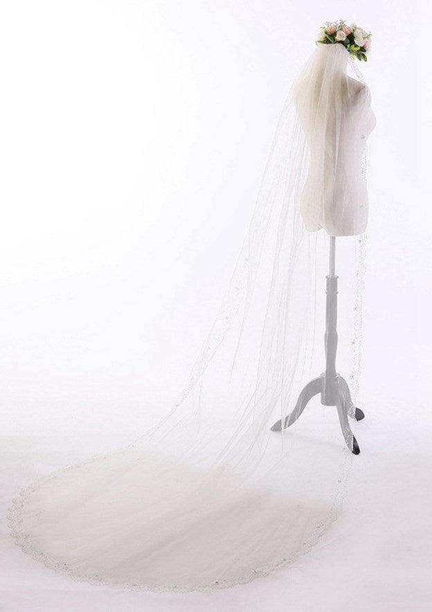 Bead String Tulle One-tier Cathedral Bridal Veils