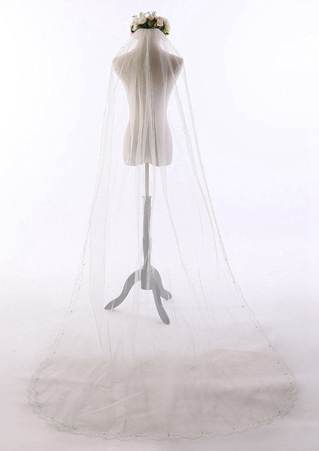 Bead String Tulle One-tier Cathedral Bridal Veils