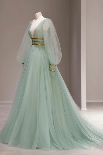 Green Long Sleeve V-Neck Tulle Long Prom Dress