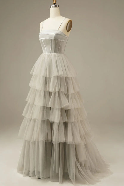 Strapless thin shoulder strap Tiered Tulle Princess Prom Dress