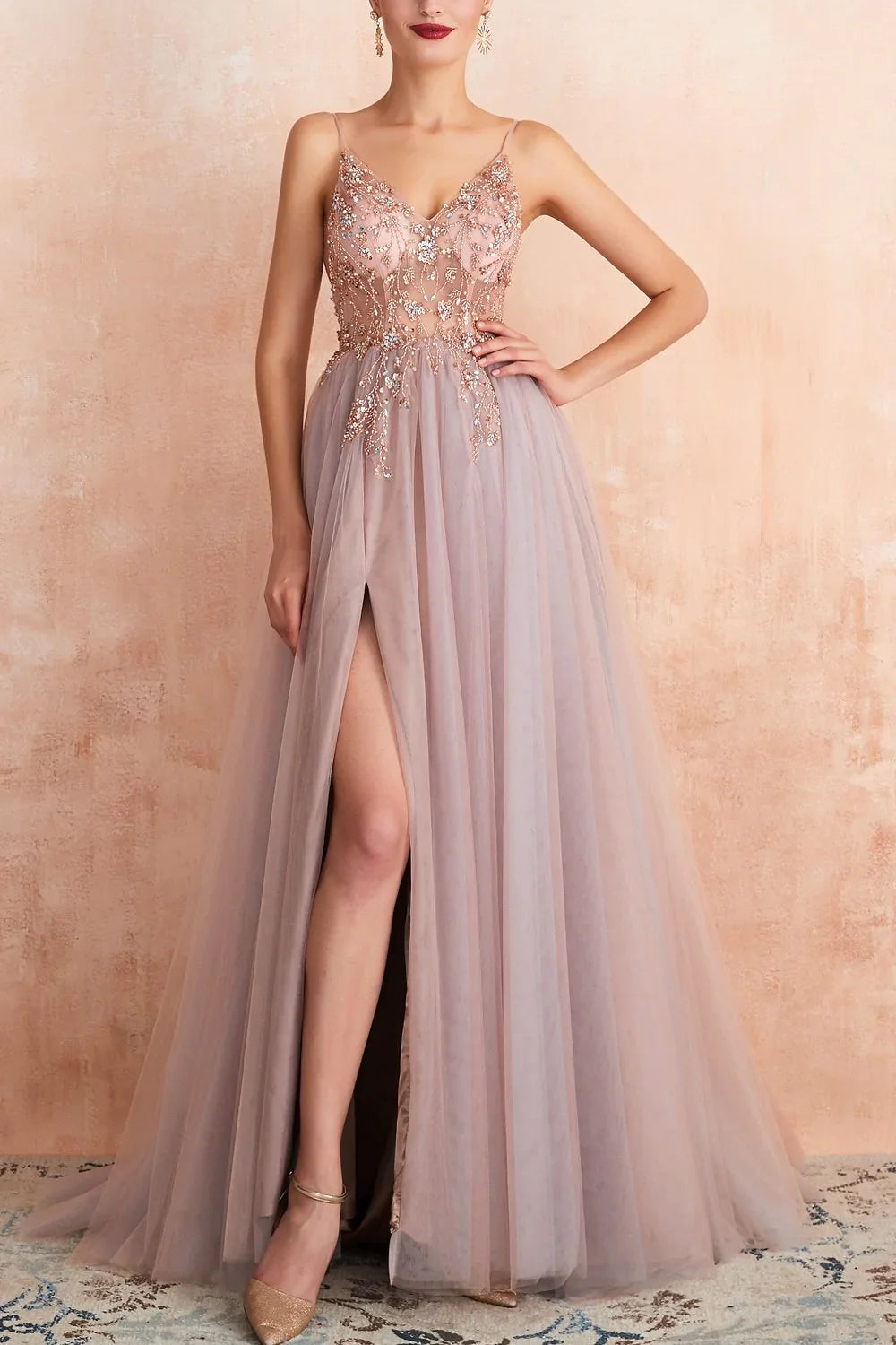 Off-the-Shoulder Floor Length Spaghetti Straps Long Formal Dress With Hight Slit