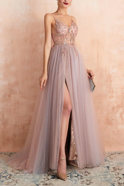 Off-the-Shoulder Floor Length Spaghetti Straps Long Formal Dress With Hight Slit