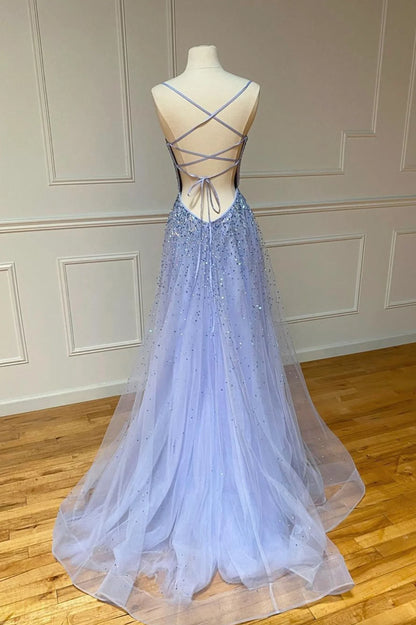 A-Line Backless Stylish Tulle Pearl Long Prom Dresses