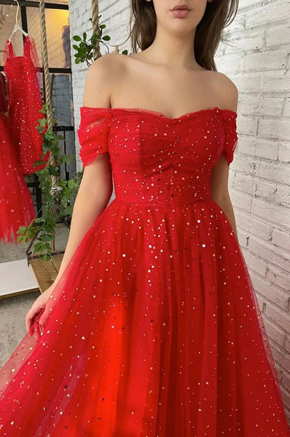 A-Line Red Tulle Off the Shoulder Prom Dress