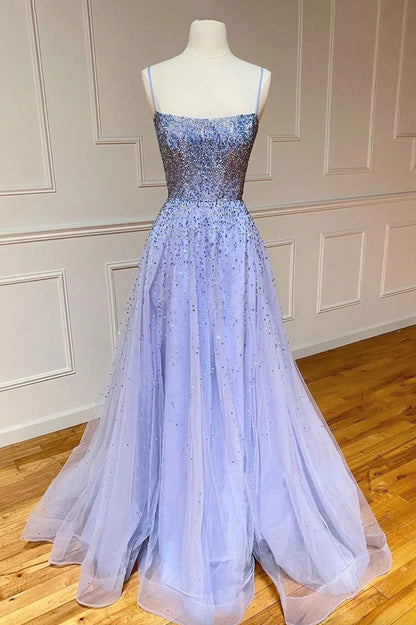 A-Line Backless Stylish Tulle Pearl Long Prom Dresses