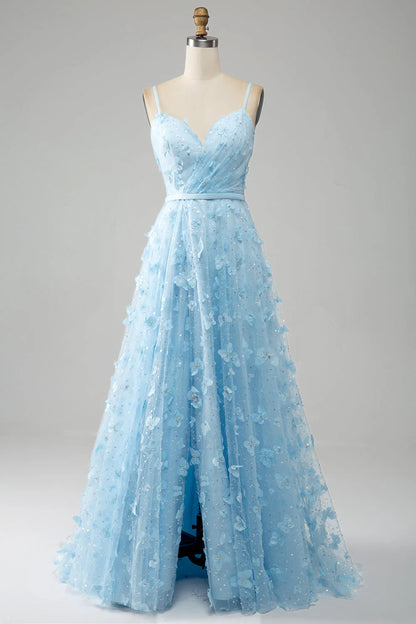 A Line Spaghetti Straps Sparkly Beaded Prom Dress With 3D Butterflies