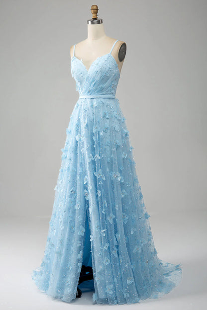 A Line Spaghetti Straps Sparkly Beaded Prom Dress With 3D Butterflies