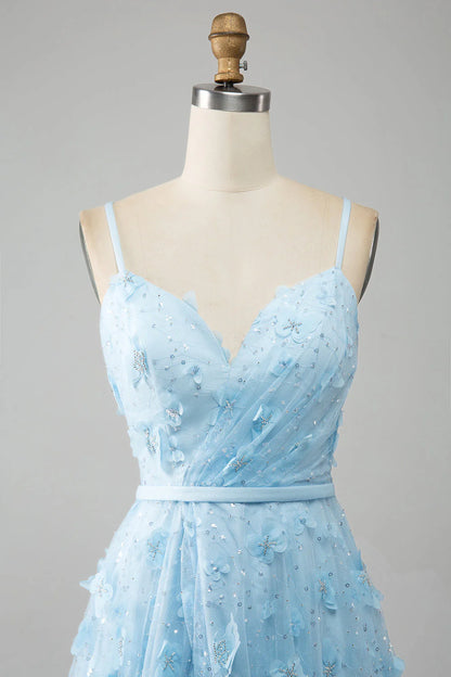 A Line Spaghetti Straps Sparkly Beaded Prom Dress With 3D Butterflies