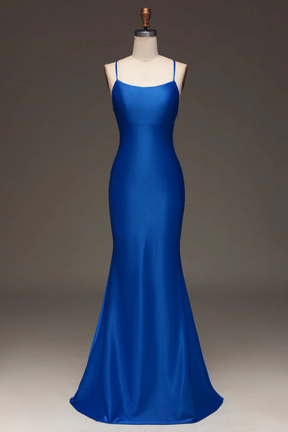 Backless Spaghetti Strap Off-the-Shoulder Simple Satin Mermaid Floor Length Prom Dress