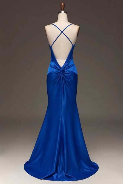 Backless Spaghetti Strap Off-the-Shoulder Simple Satin Mermaid Floor Length Prom Dress