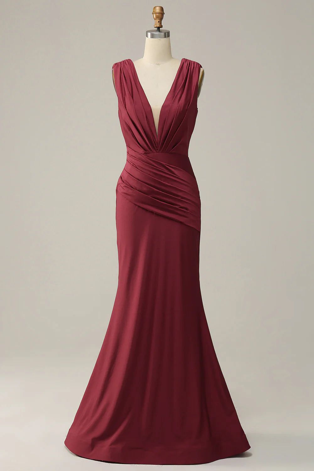 Deep V Neck Ruched  Floor-Length Prom Dress