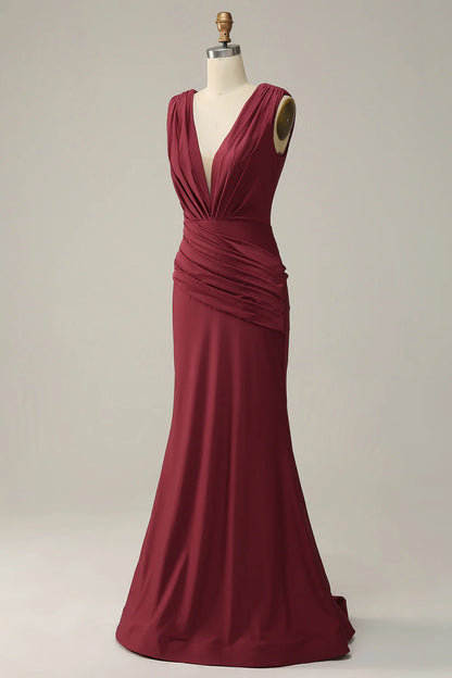 Deep V Neck Ruched  Floor-Length Prom Dress