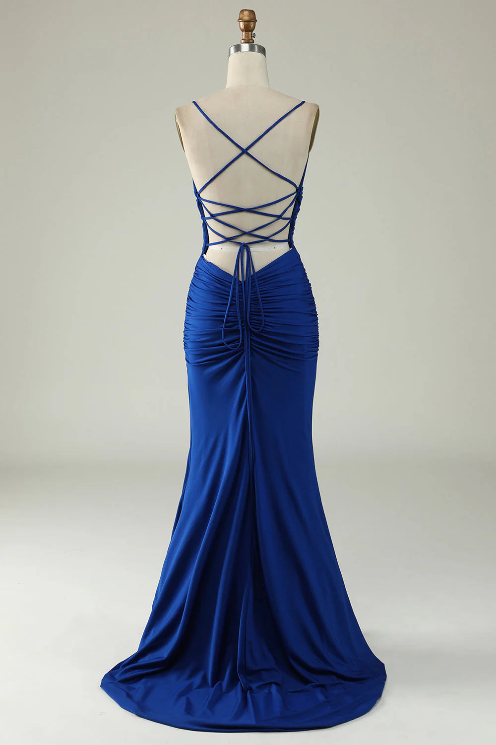 Lace Up Deep V Neck Mermaid Spaghetti Straps Prom Dress With  Cross Back