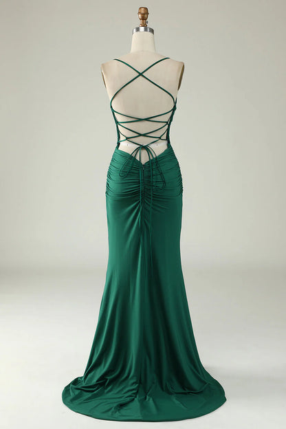 Lace Up Deep V Neck Mermaid Spaghetti Straps Prom Dress With  Cross Back