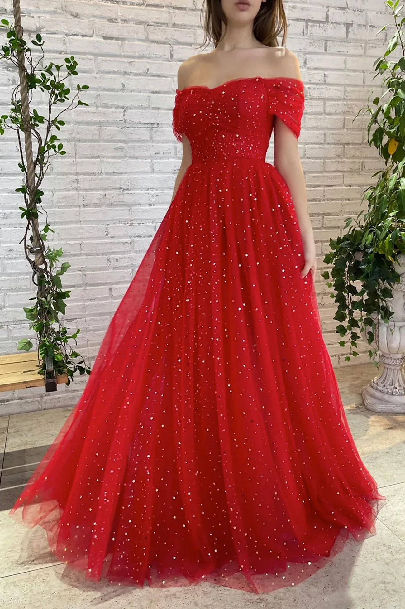 A-Line Red Tulle Off the Shoulder Prom Dress