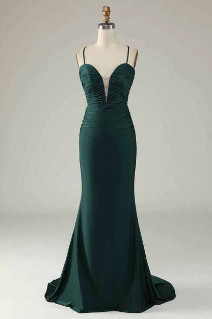 Dark Green Mermaid Spaghetti Straps Long Prom Dress