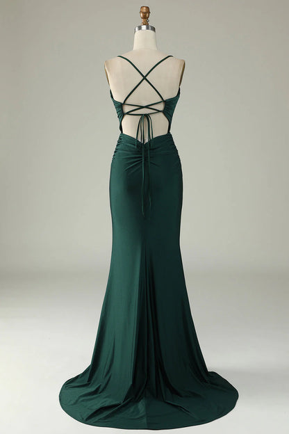 Dark Green Mermaid Spaghetti Straps Long Prom Dress