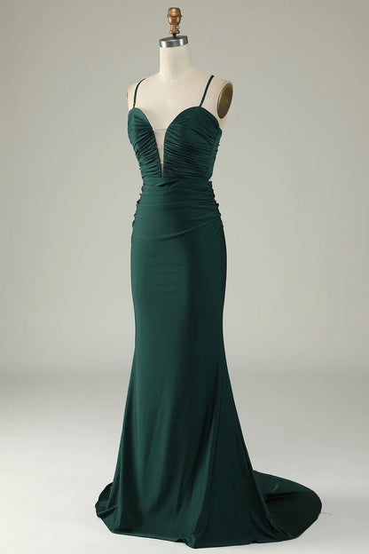 Dark Green Mermaid Spaghetti Straps Long Prom Dress