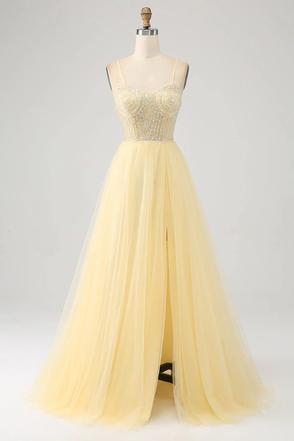 Tulle Beaded Light Yellow Thin Shoulder Strap Prom Dress With Slit