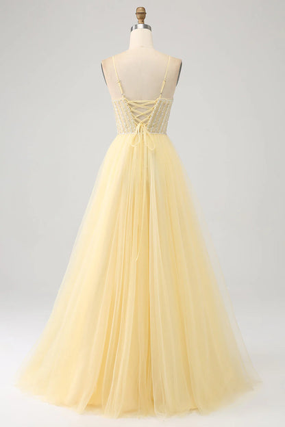 Tulle Beaded Light Yellow Thin Shoulder Strap Prom Dress With Slit