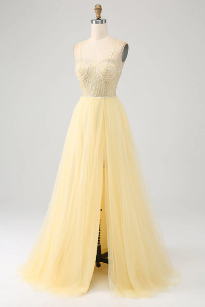 Tulle Beaded Light Yellow Thin Shoulder Strap Prom Dress With Slit