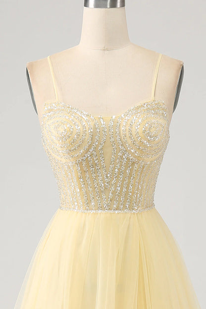 Tulle Beaded Light Yellow Thin Shoulder Strap Prom Dress With Slit