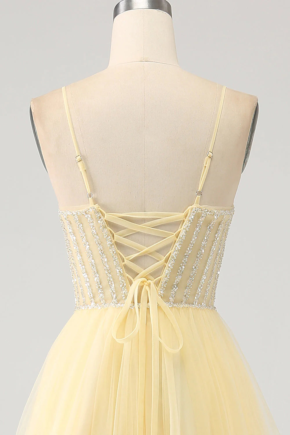 Tulle Beaded Light Yellow Thin Shoulder Strap Prom Dress With Slit