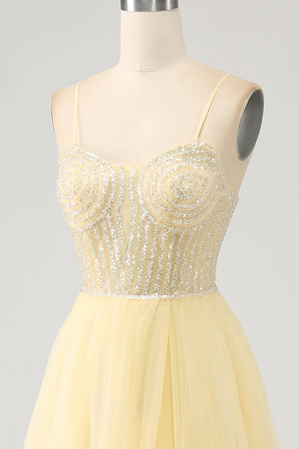 Tulle Beaded Light Yellow Thin Shoulder Strap Prom Dress With Slit