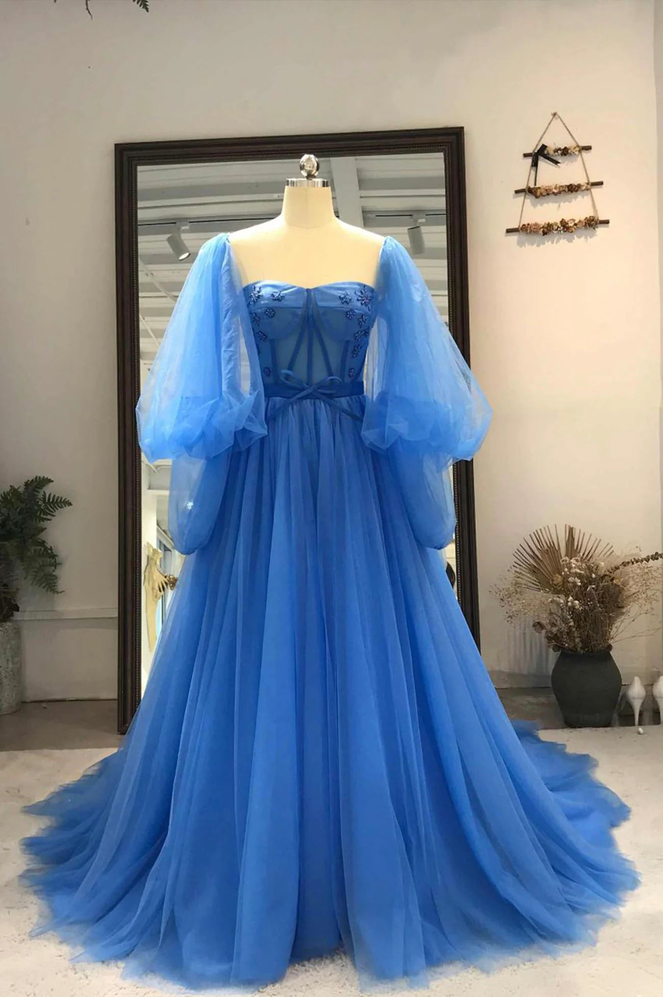 A-Line Long Sleeve Blue Tulle Long Prom Dresses