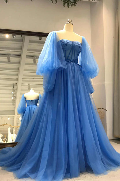 A-Line Long Sleeve Blue Tulle Long Prom Dresses