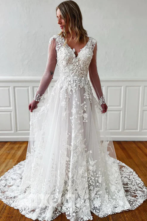 Deep V Neck Long Sleeves Lace Wedding Dresses With Train