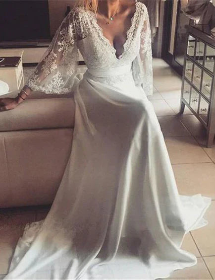 Deep V Neck Backless Lace Applique Wedding Dresses With Train