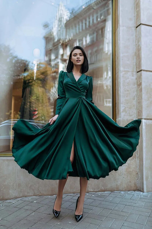 Weitese Elegant V Neck Long Sleeves Tea-Length Emerald Green Prom Dress A-line Party Dress