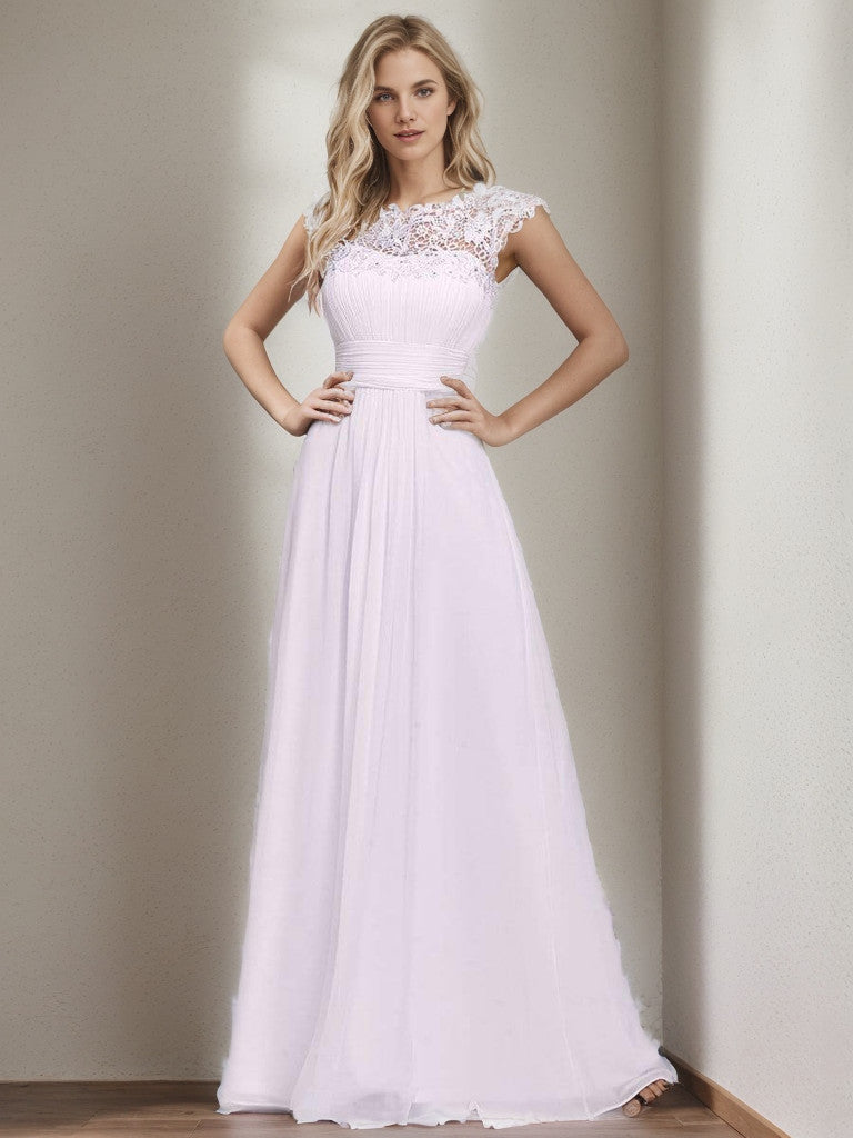 Weitese Classic Maxi Long Lace Cap Sleeve Bridesmaid Dress