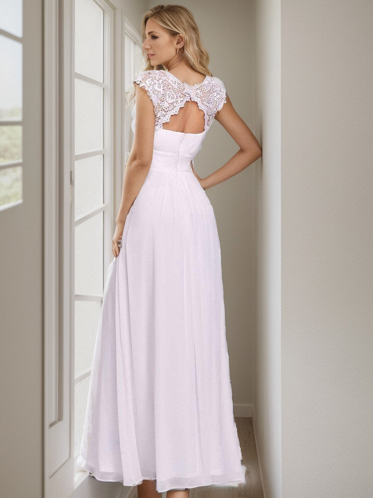 Weitese Classic Maxi Long Lace Cap Sleeve Bridesmaid Dress