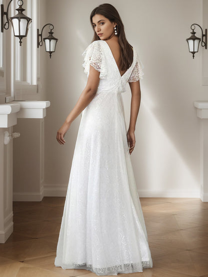 Weitese Elegant Maxi Lace Elopement Wedding Dress with Ruffle Sleeves