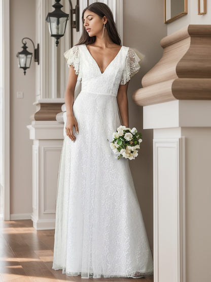 Weitese Elegant Maxi Lace Elopement Wedding Dress with Ruffle Sleeves