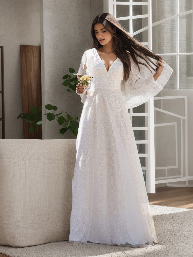 Weitese Elegant Maxi Lace Elopement Wedding Dress with Ruffle Sleeves