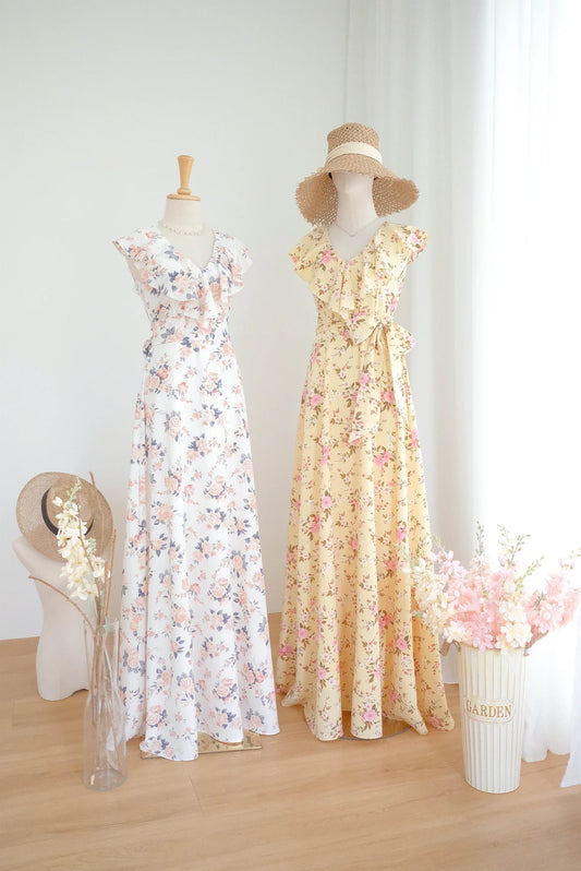 White Floral Dress Bridesmaid Dresses Vintage Maxi Party Dress V Neck Yellow Prom Cocktail Evening Gown Wedding Guest Dress