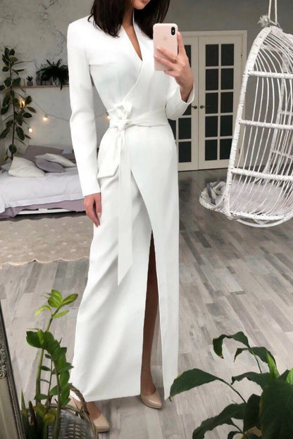 White Wrap Long Sleeve Party Dress V Neck Chic Slit Prom Dress  Navy Wrap Long Sleeve Party Dress