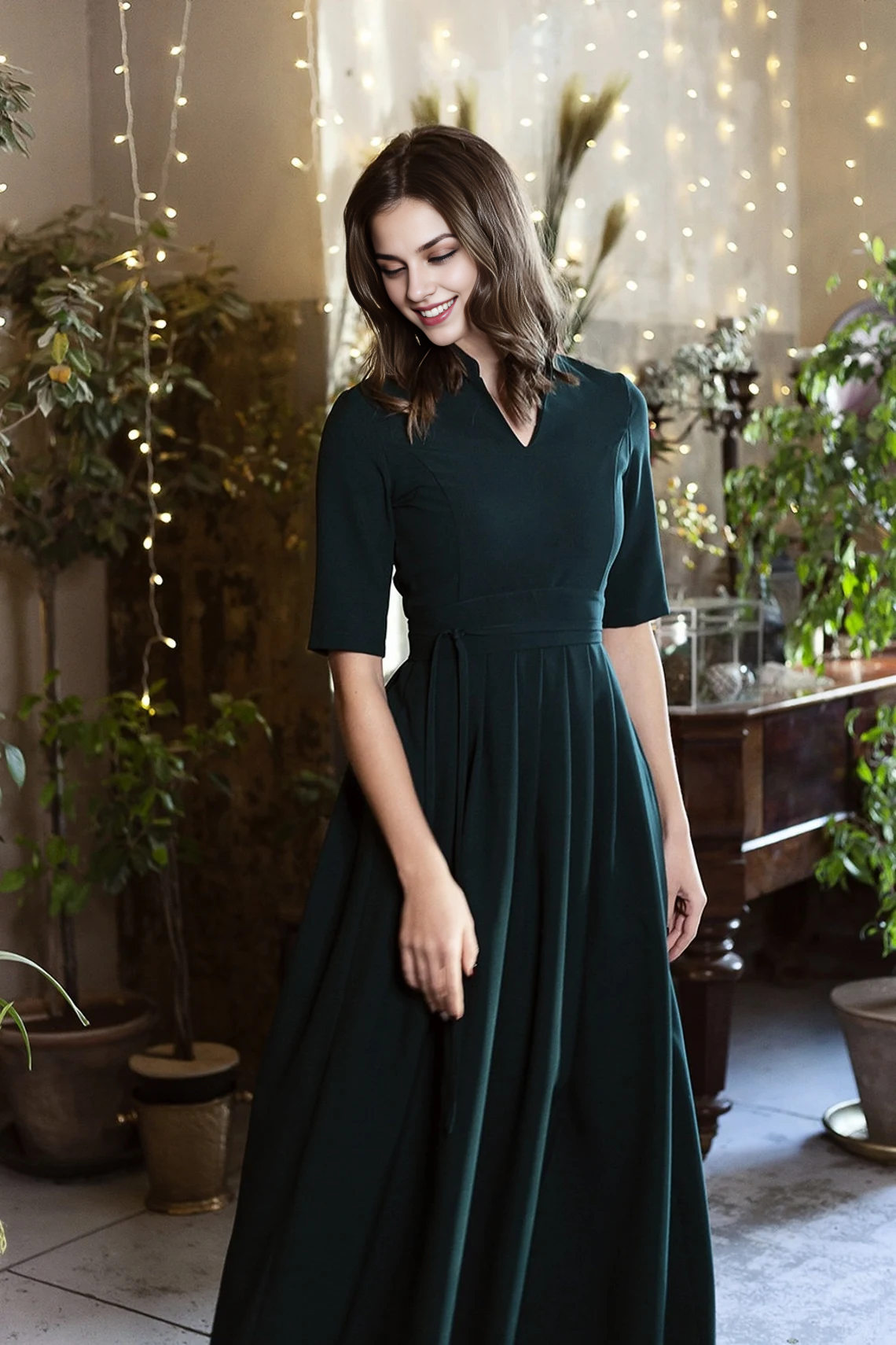 Women Formal Dress Evening Dress Dark Green Maxi Dress Long Pleated Dress Plus Size Clothing High Waist Dress Cocktail Dress Elegant Prom Dress