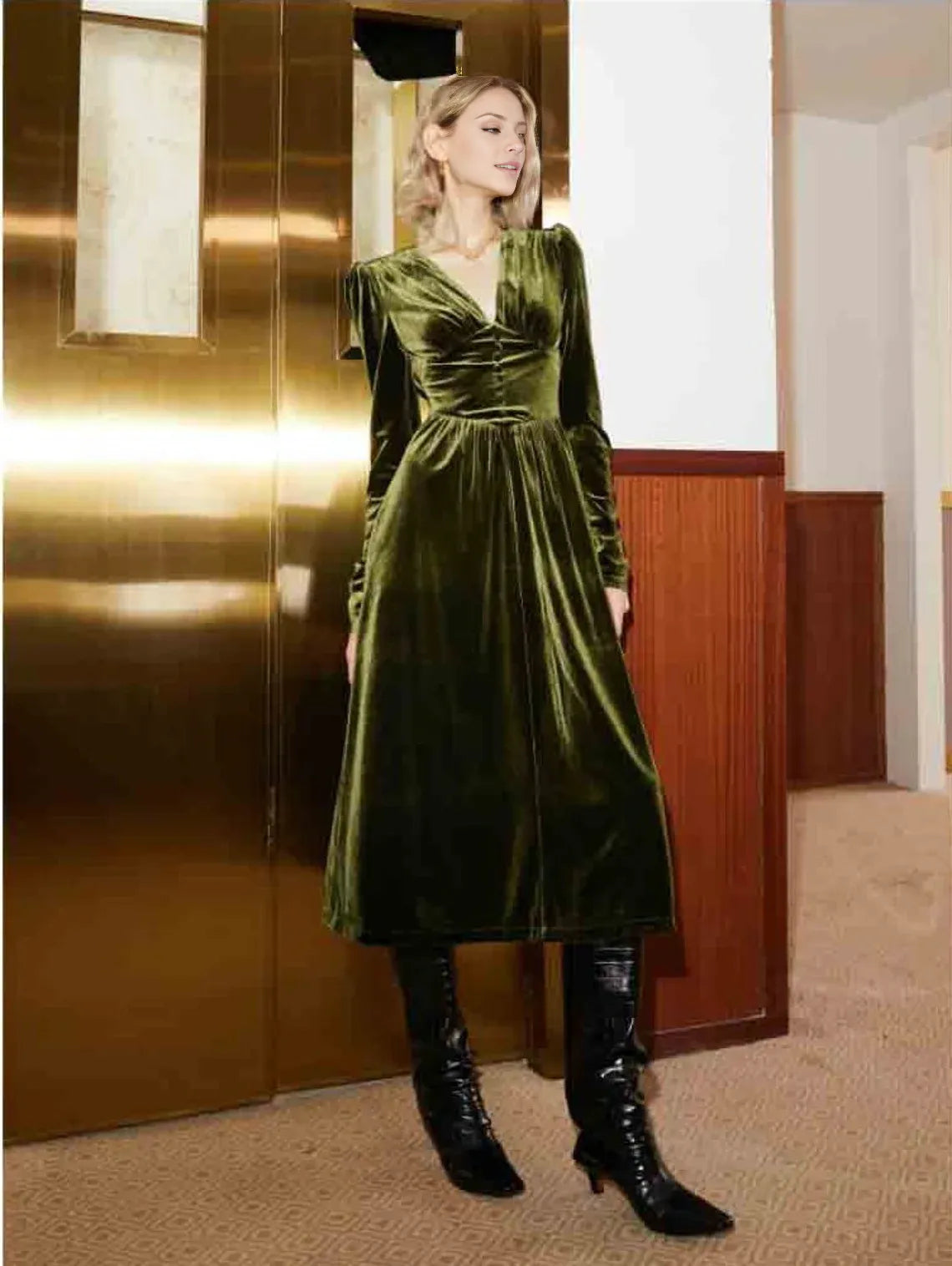 Women Velvet Vintage Dress Midi Dress Long Sleeves Prom Dress A line Bridesmaid Dress Winter Long Buttons Dress Wedding Guest Midi Dress