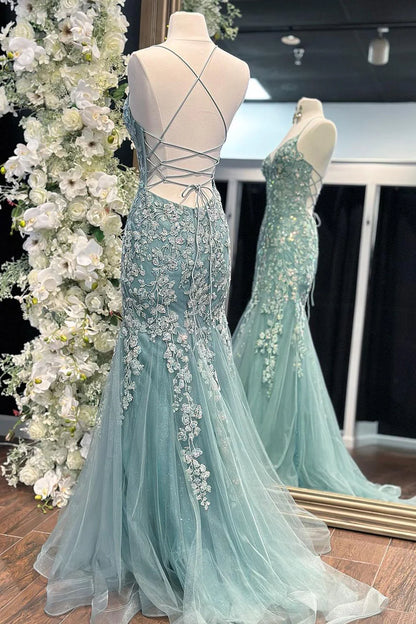 Stunning Mermaid Spaghetti Straps Corset Prom Dress With Appliques