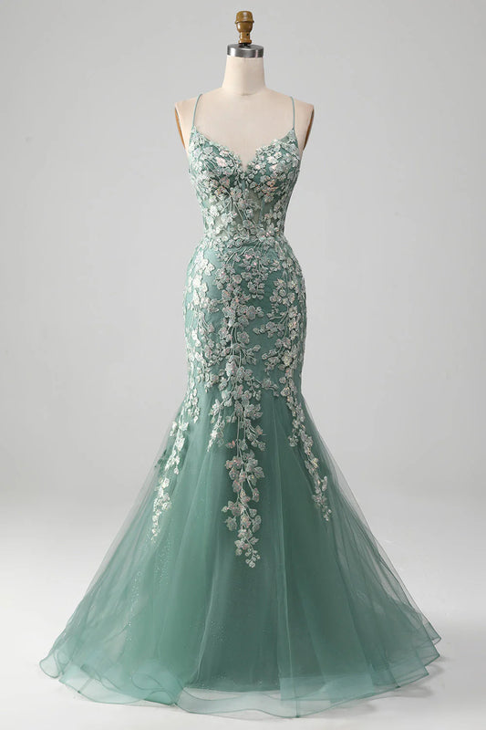 Mermaid Lace-Up Back Prom Party Dresses With Appliques